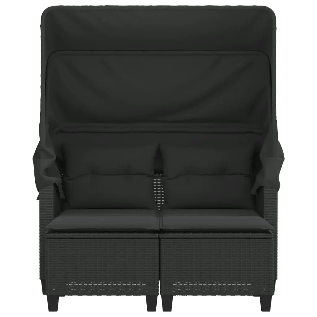 Garden Sofa 2-Seater with Canopy and Stools Black Poly Rattan 365781