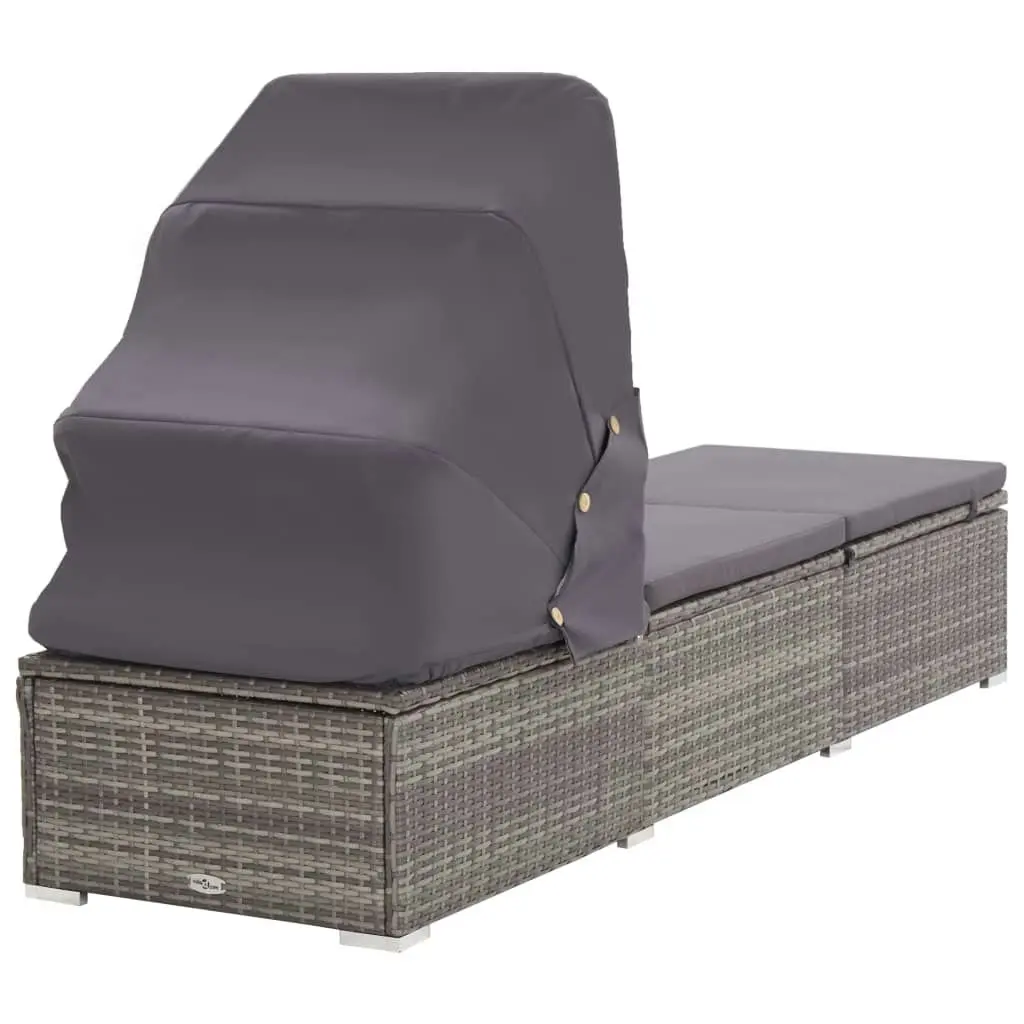 Sun Lounger with Canopy and Cushion Poly Rattan Grey 46248