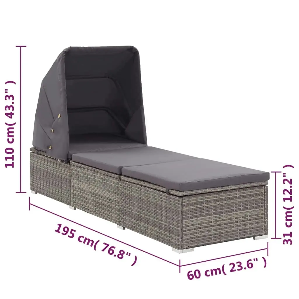 Sun Lounger with Canopy and Cushion Poly Rattan Grey 46248