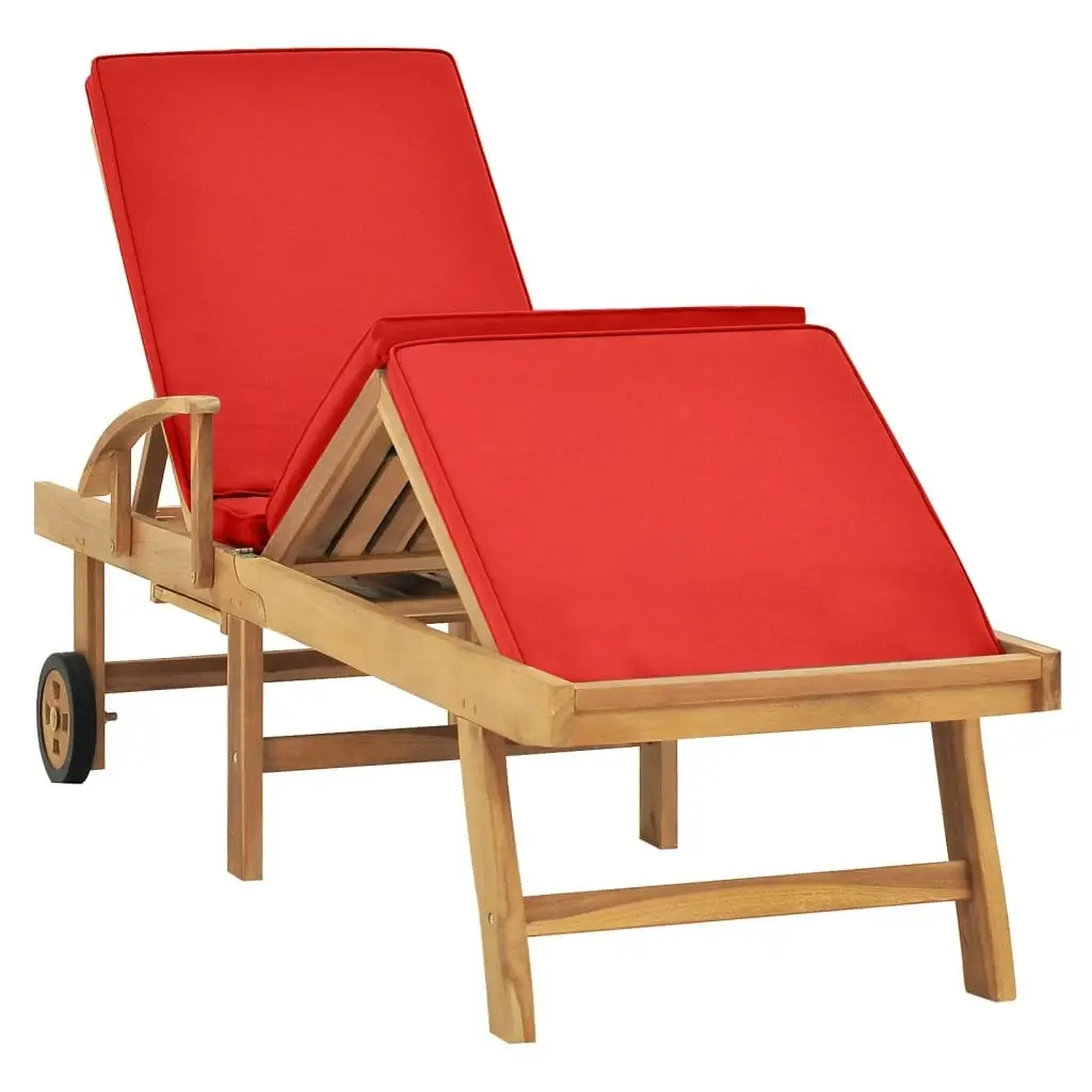 Sun Lounger with Cushion Solid Teak Wood Red 48026