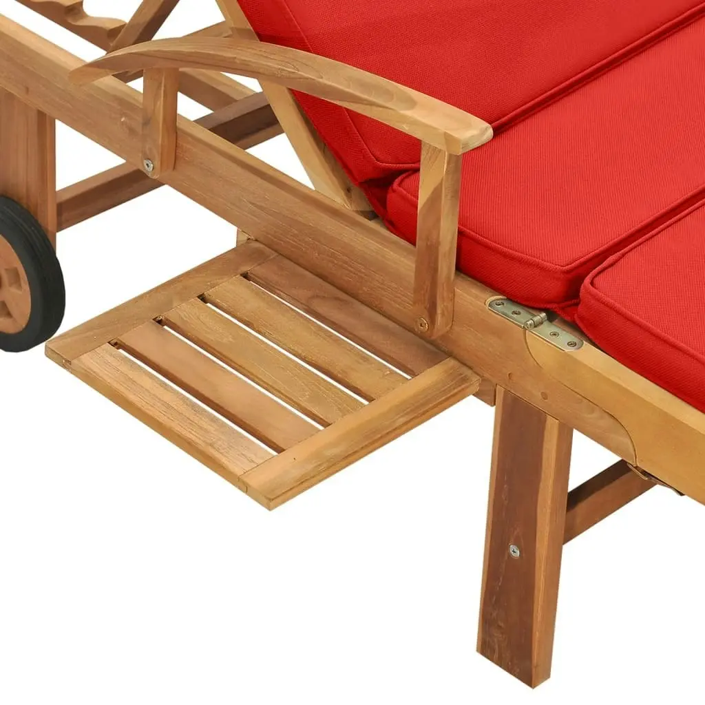 Sun Lounger with Cushion Solid Teak Wood Red 48026