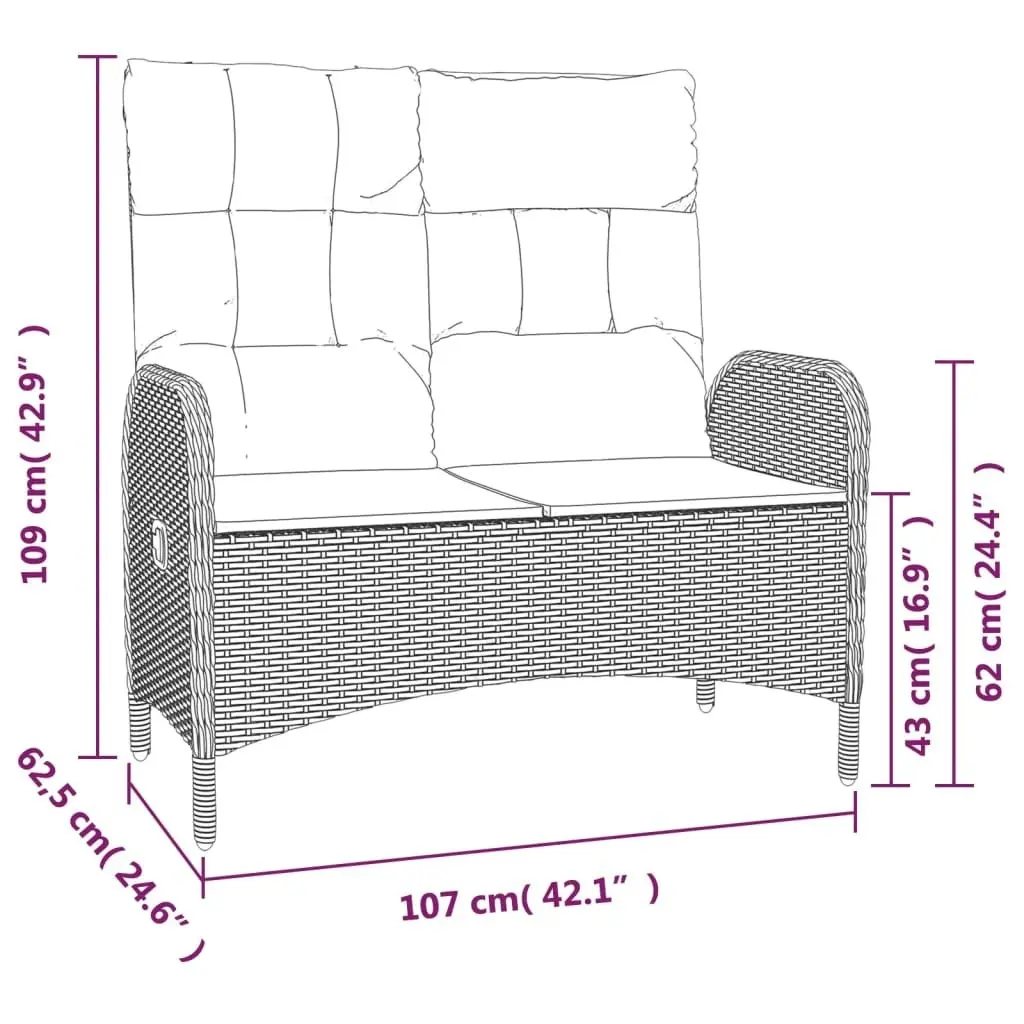 Reclining Garden Bench with Cushions 107 cm Poly Rattan Grey 319893