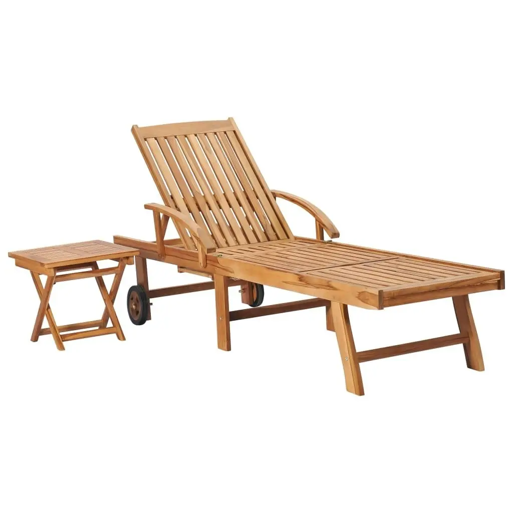 Sun Lounger with Table and Cushion Solid Teak Wood 3063032