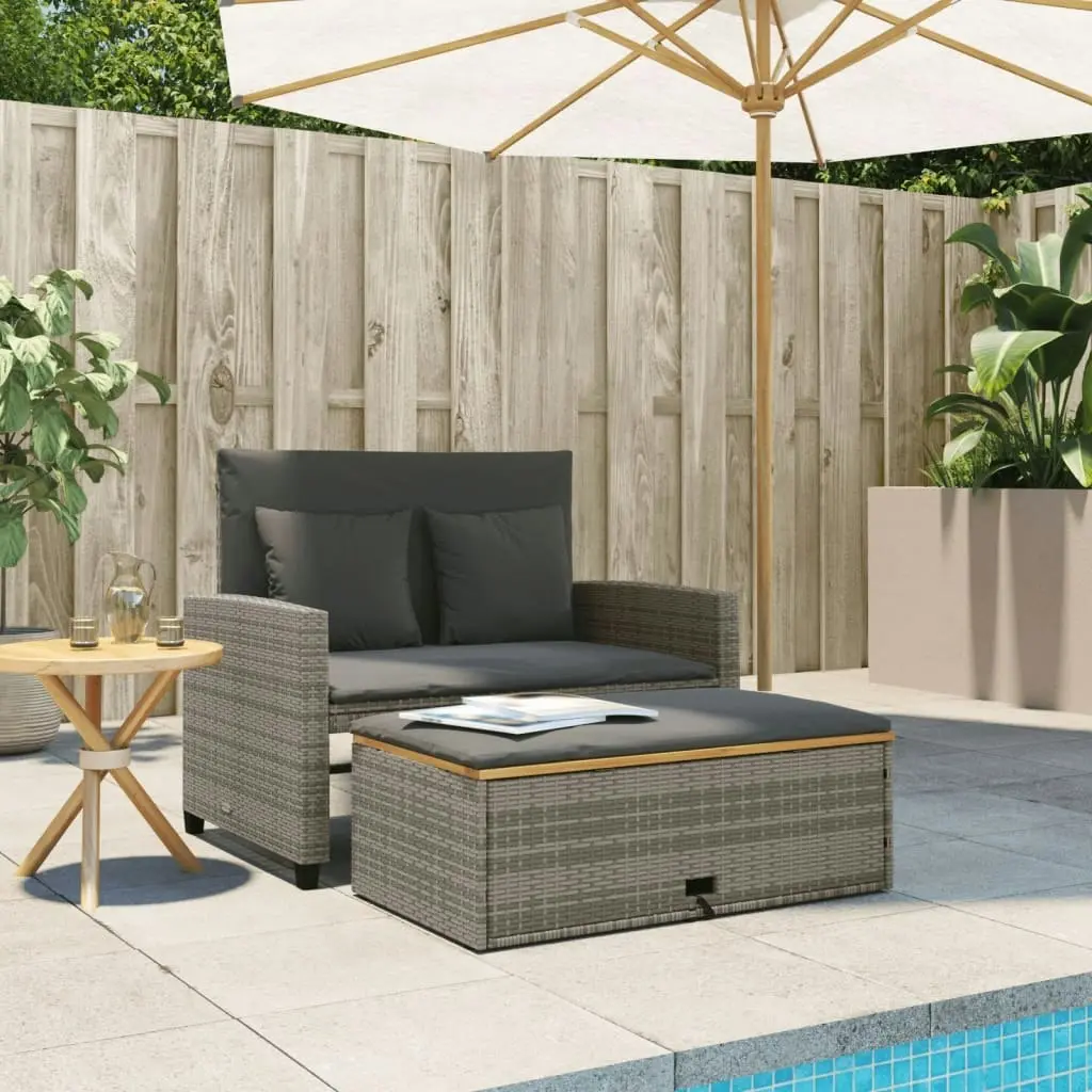 Garden Sofa with Cushions 2-Seater Grey Poly Rattan&Acacia Wood 365142