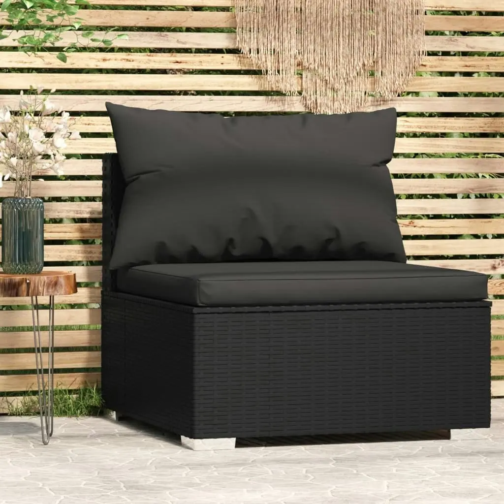 Garden Middle Sofa with Cushions Black Poly Rattan 317526