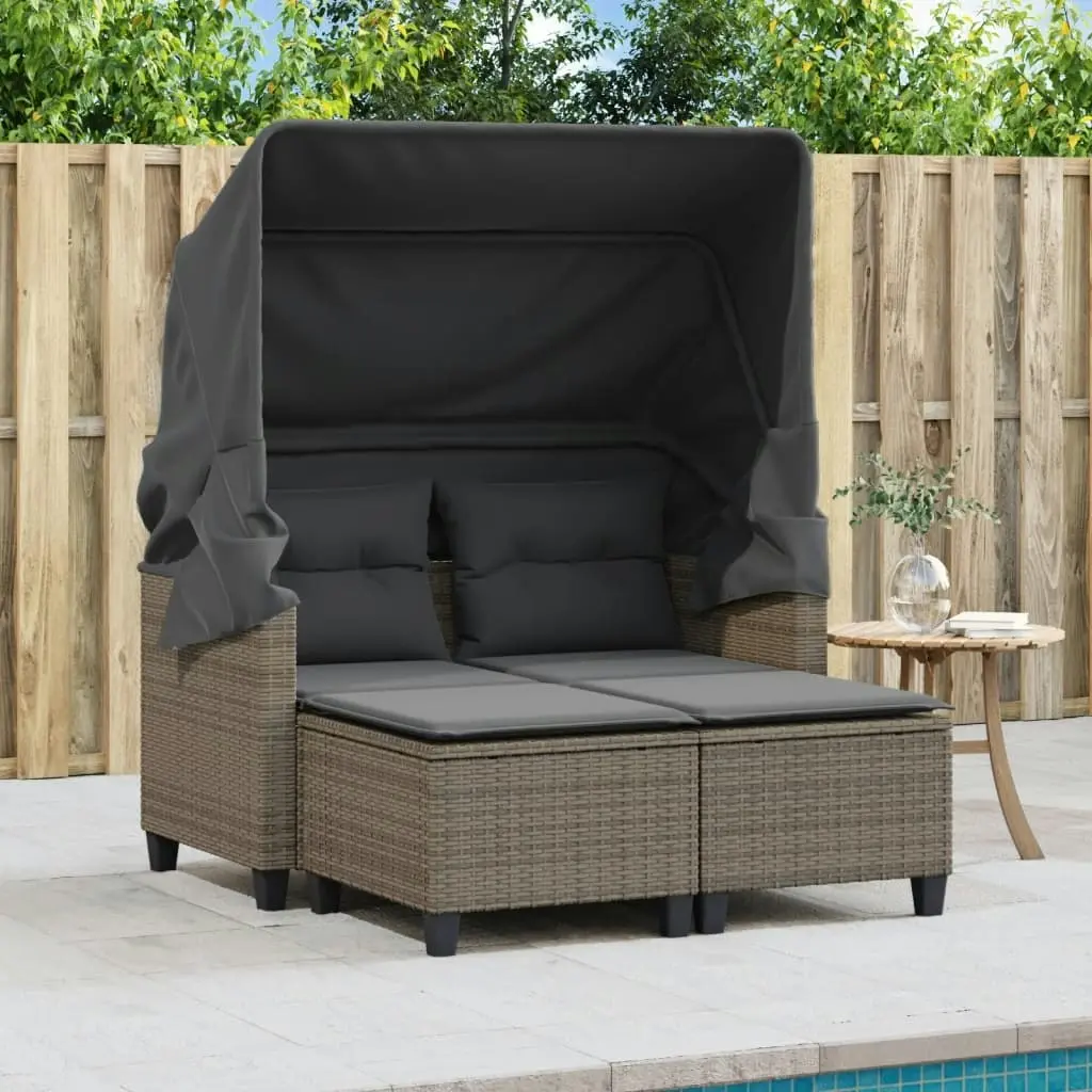 Garden Sofa 2-Seater with Canopy and Stools Grey Poly Rattan 365783