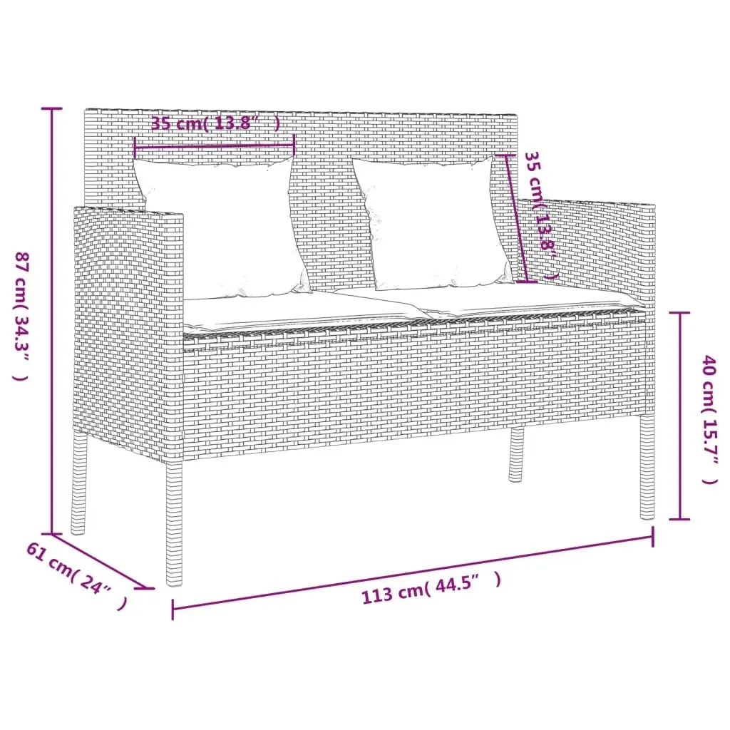 Garden Bench with Cushions Black Poly Rattan 365771