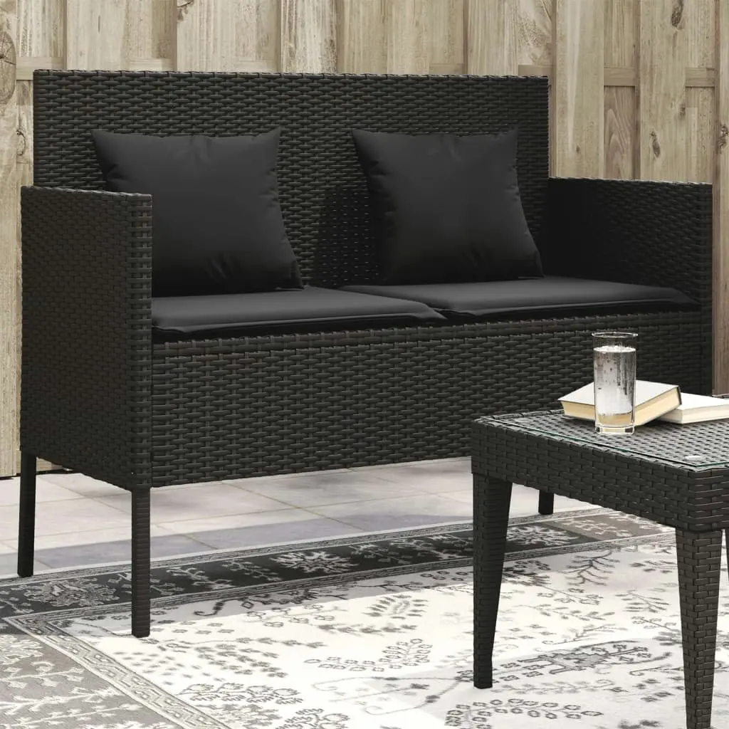 Garden Bench with Cushions Black Poly Rattan 365771