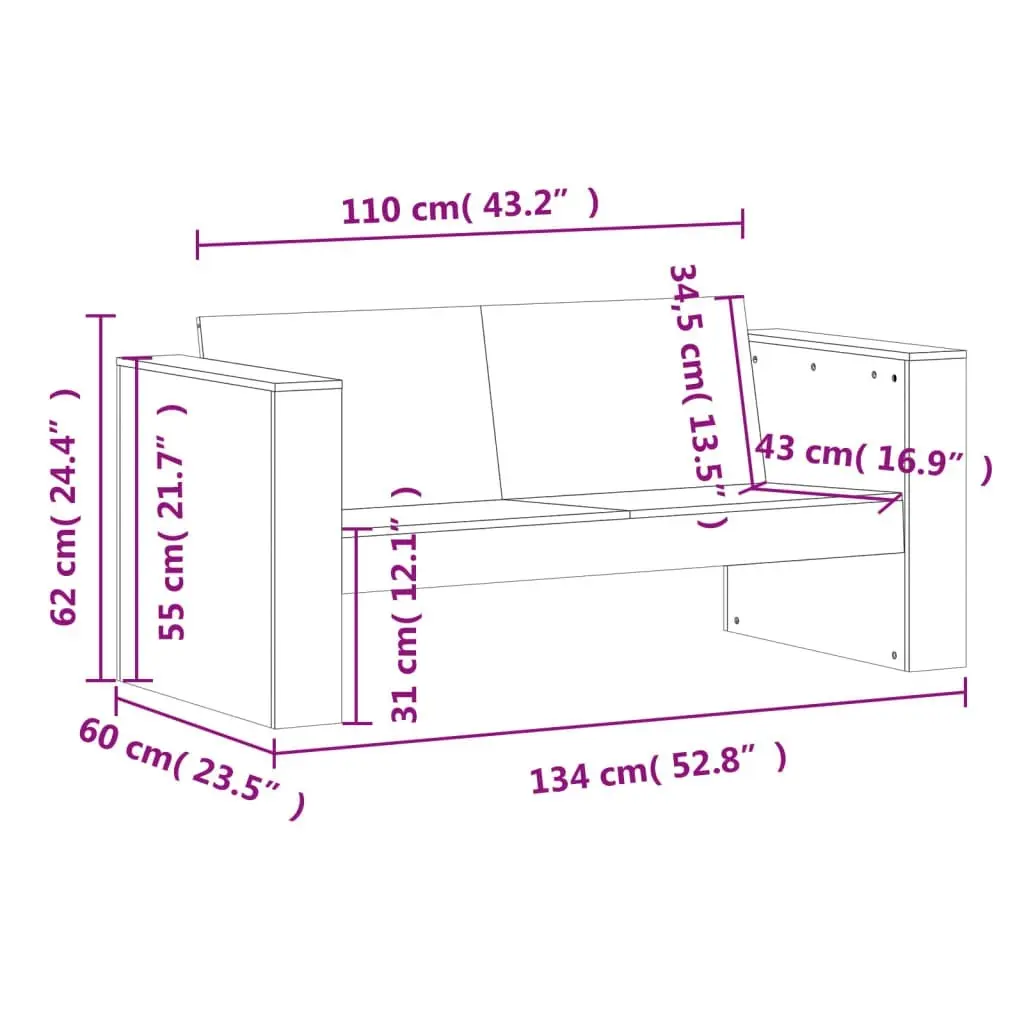 Garden Sofa 2-Seater White 134x60x62 cm Solid Wood Pine 832370