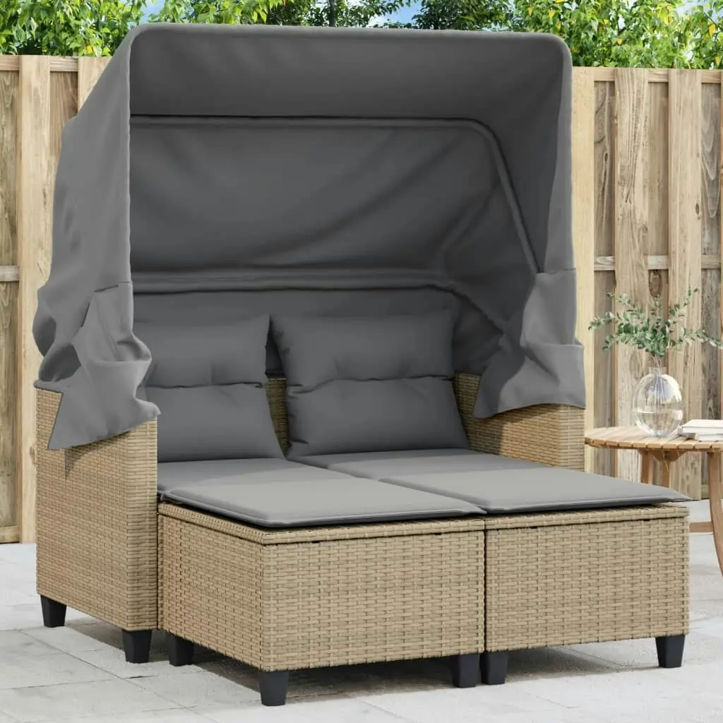 Garden Sofa 2-Seater with Canopy and Stools Beige Poly Rattan 365785