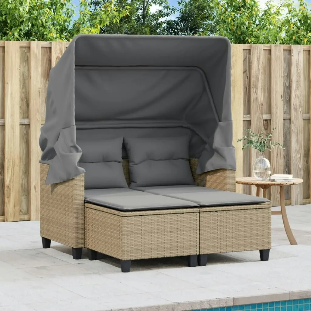 Garden Sofa 2-Seater with Canopy and Stools Beige Poly Rattan 365785