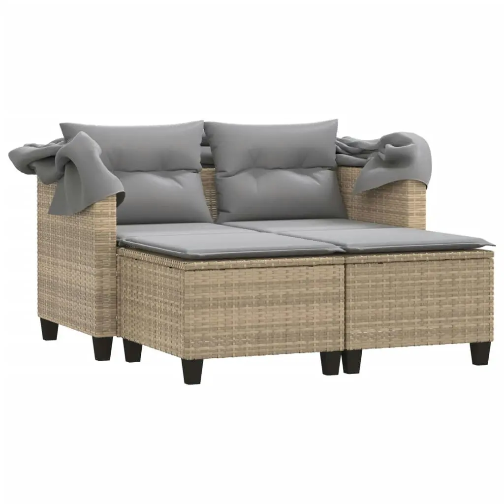 Garden Sofa 2-Seater with Canopy and Stools Beige Poly Rattan 365785