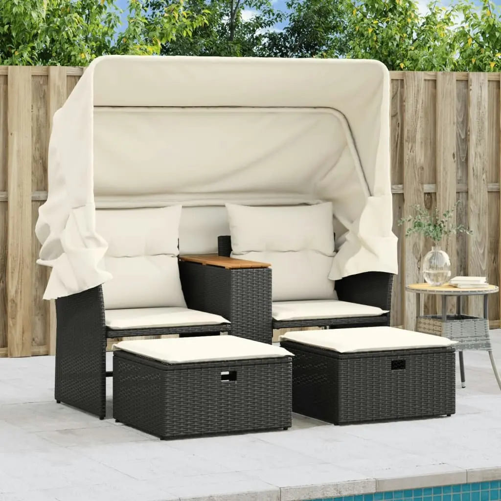 Garden Sofa 2-Seater with Canopy and Stools Black Poly Rattan 365800