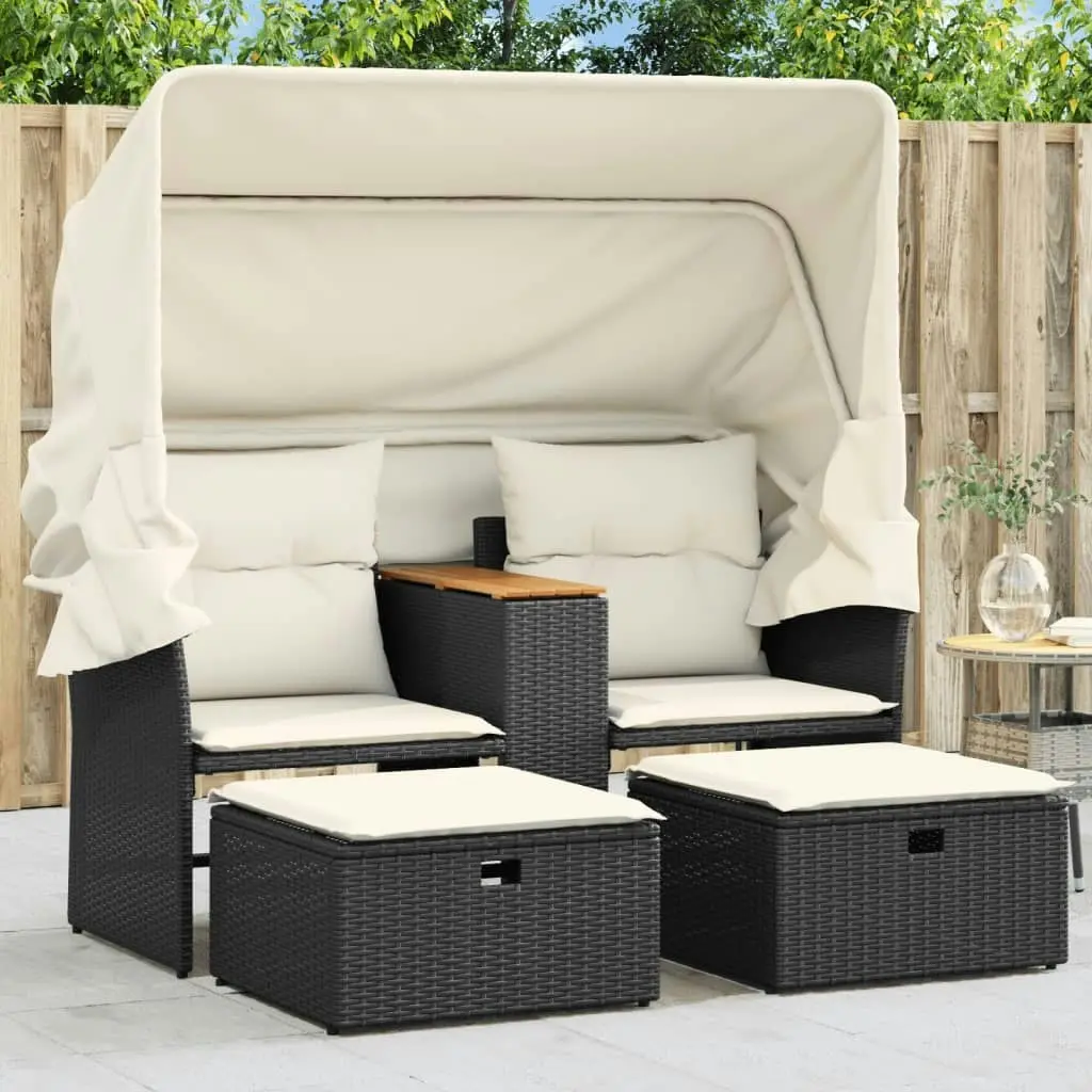 Garden Sofa 2-Seater with Canopy and Stools Black Poly Rattan 365800