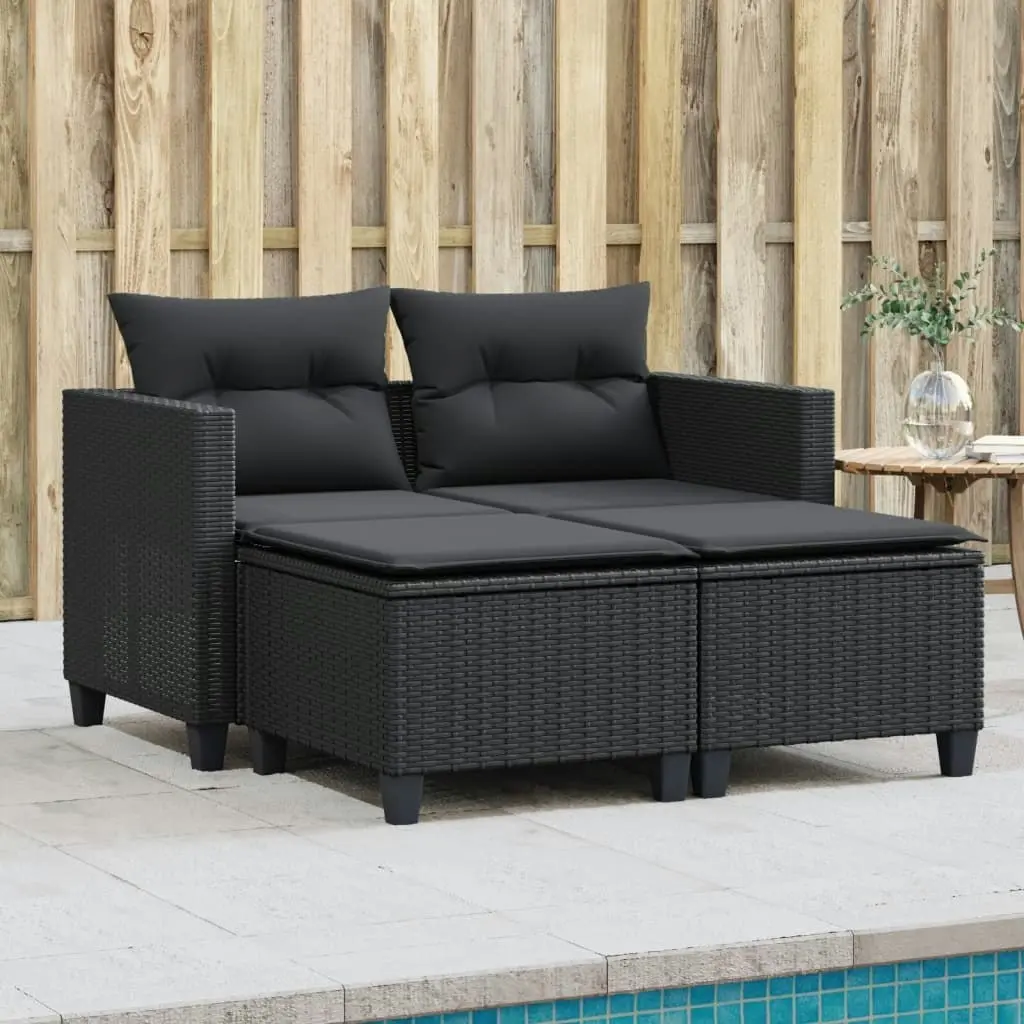 Garden Sofa 2-Seater with Stools Black Poly Rattan 365791