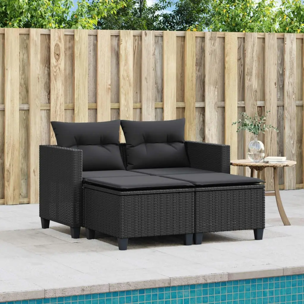 Garden Sofa 2-Seater with Stools Black Poly Rattan 365791