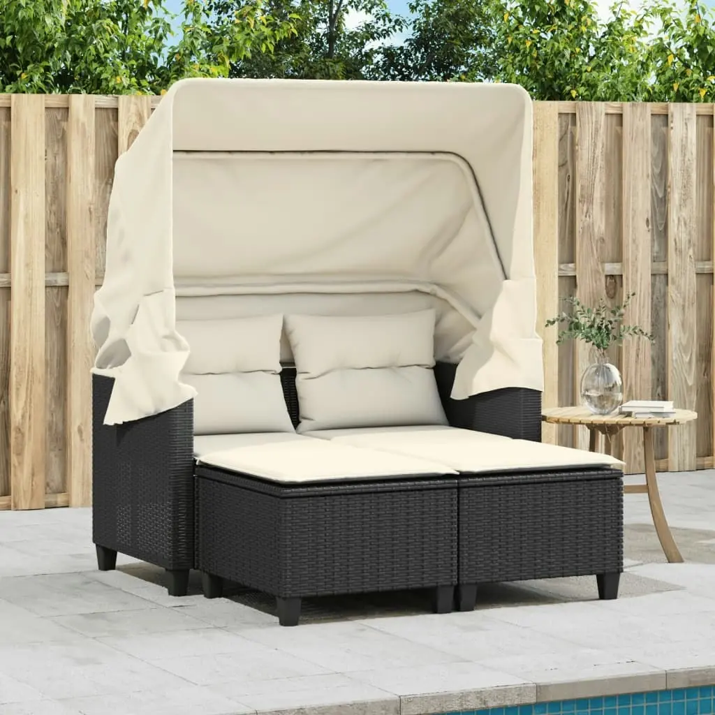 Garden Sofa 2-Seater with Canopy and Stools Black Poly Rattan 365780