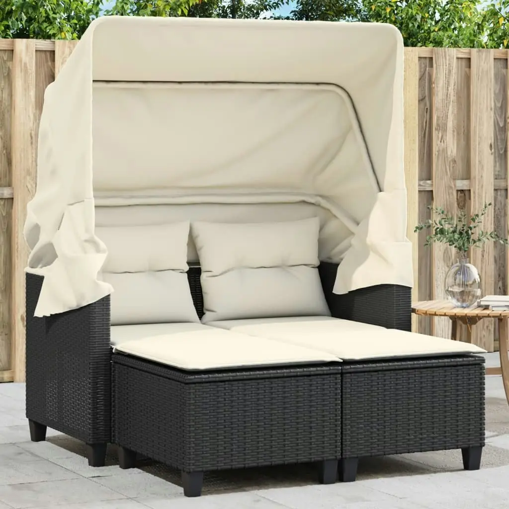 Garden Sofa 2-Seater with Canopy and Stools Black Poly Rattan 365780