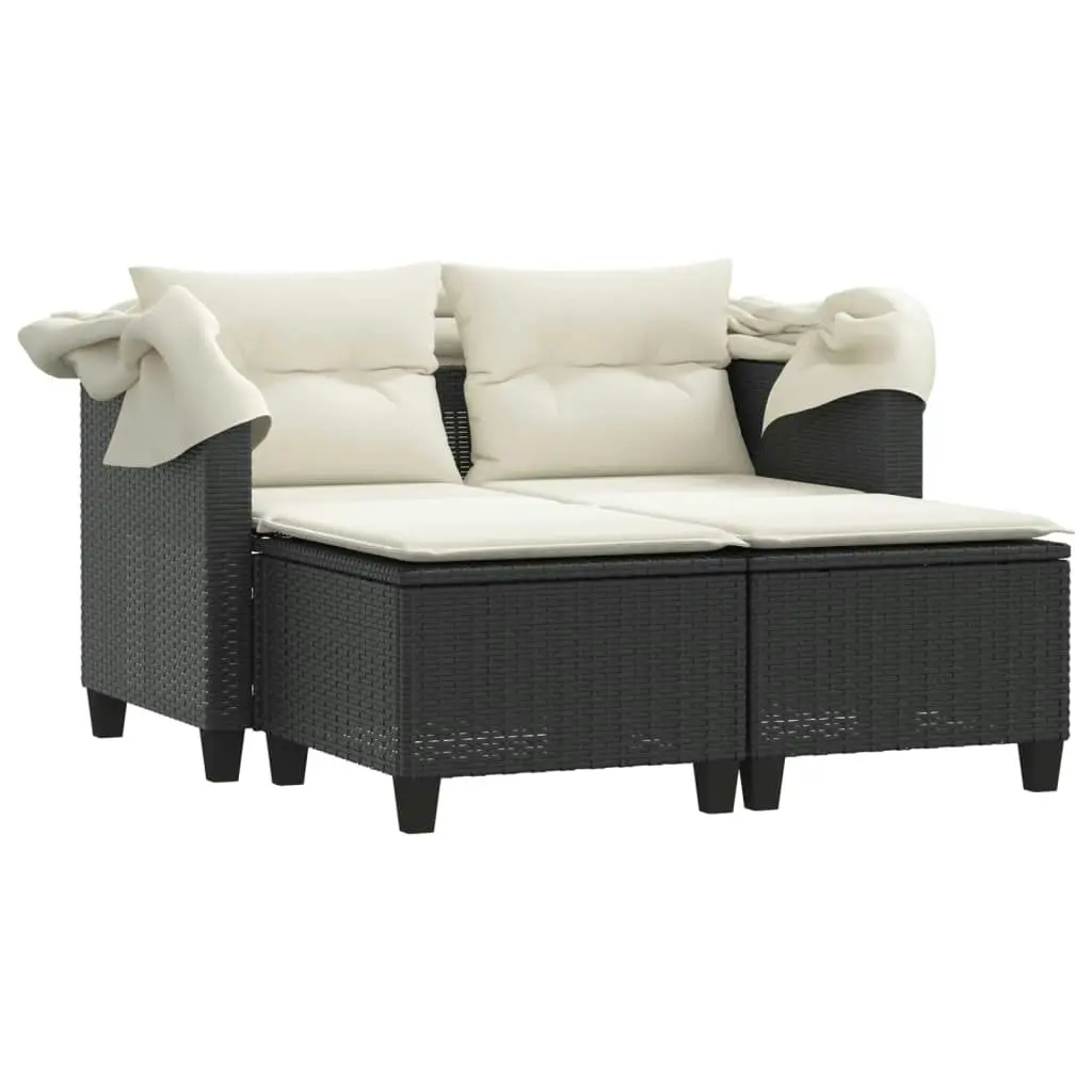 Garden Sofa 2-Seater with Canopy and Stools Black Poly Rattan 365780