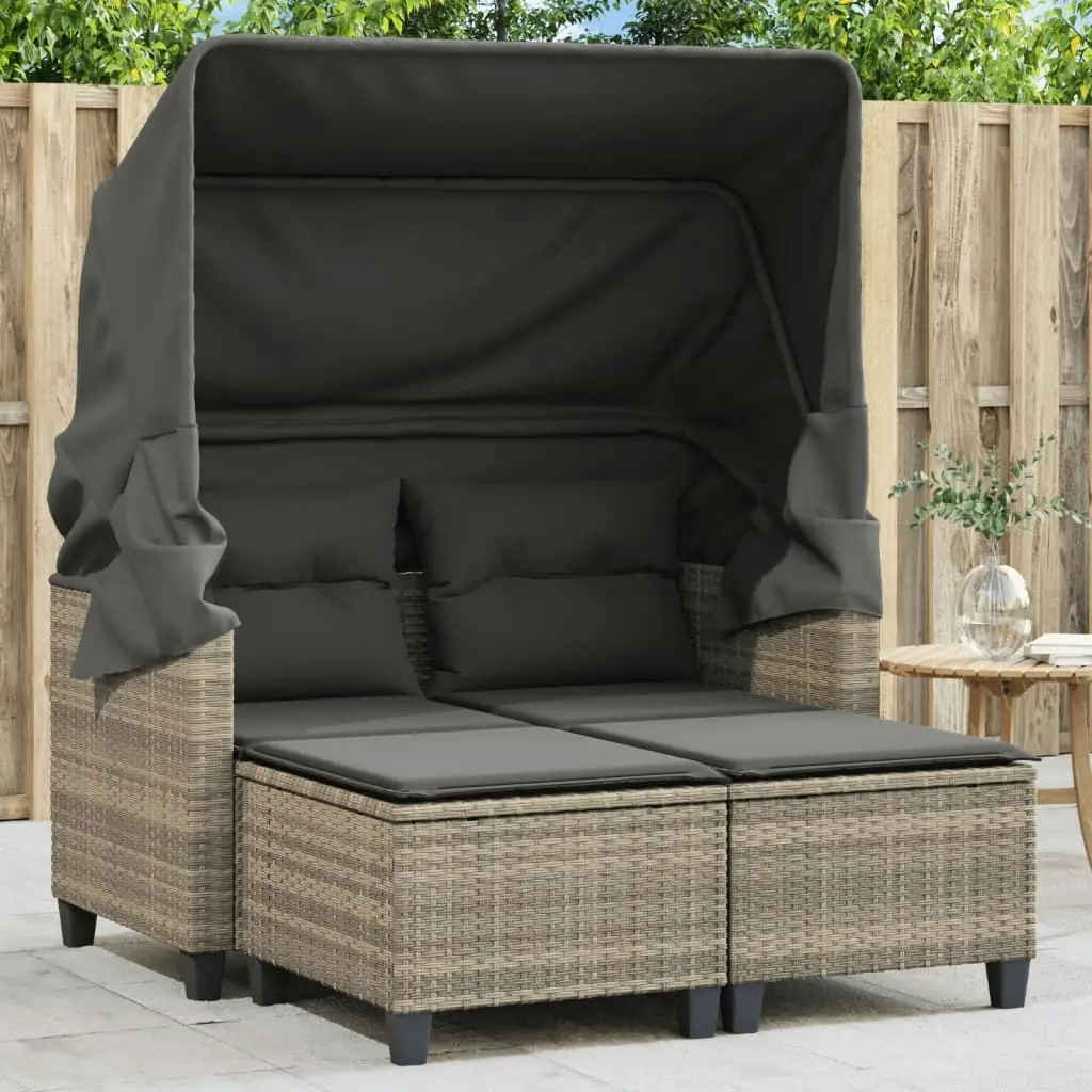 Garden Sofa 2-Seater with Canopy and Stools Light Grey Poly Rattan 365786