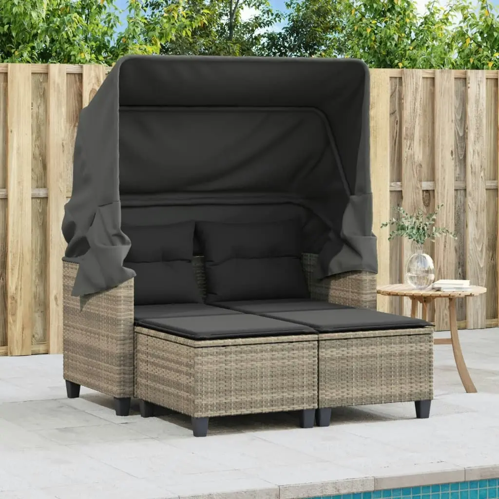 Garden Sofa 2-Seater with Canopy and Stools Light Grey Poly Rattan 365786