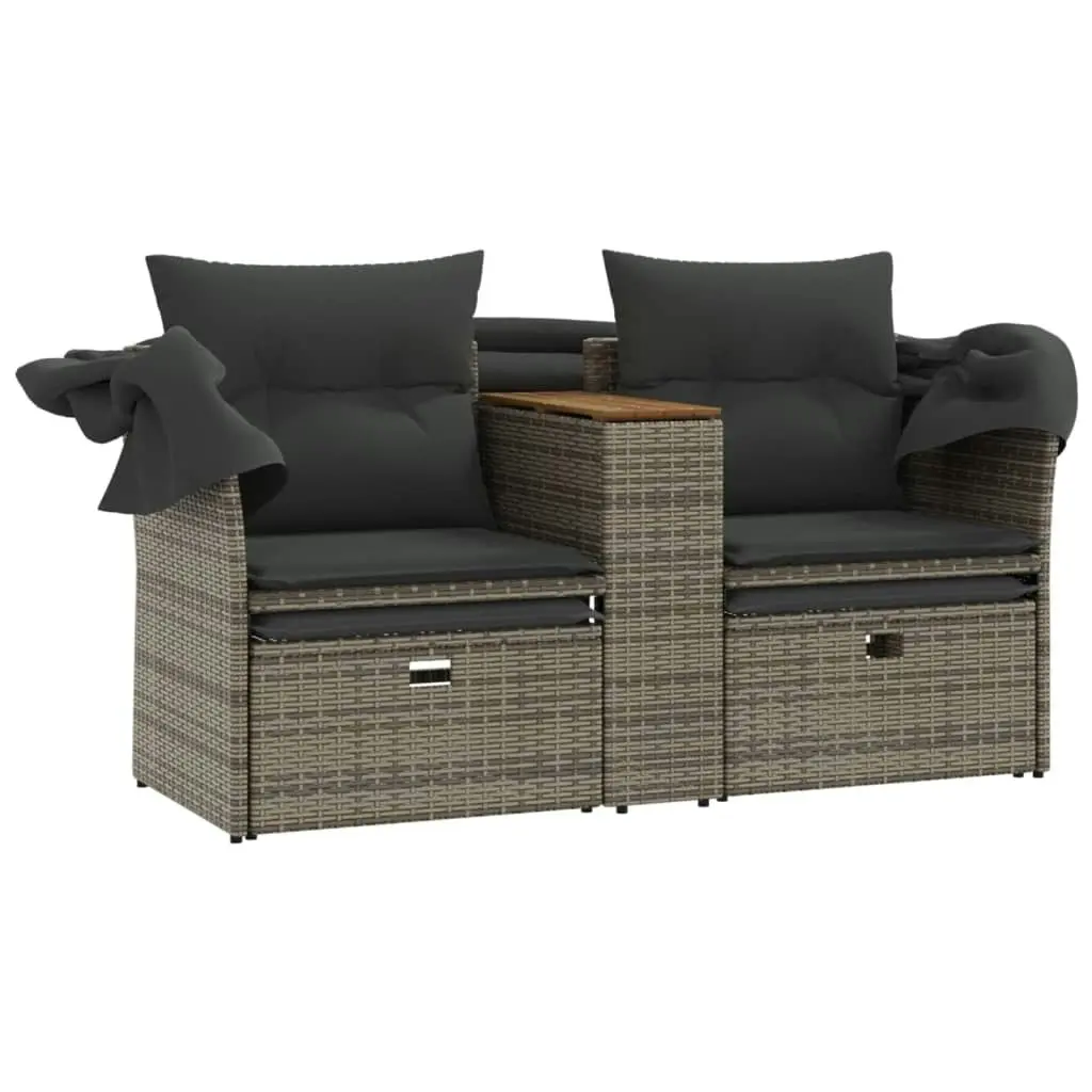 Garden Sofa 2-Seater with Canopy and Stools Grey Poly Rattan 365801