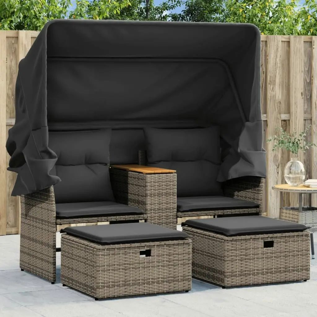 Garden Sofa 2-Seater with Canopy and Stools Grey Poly Rattan 365801