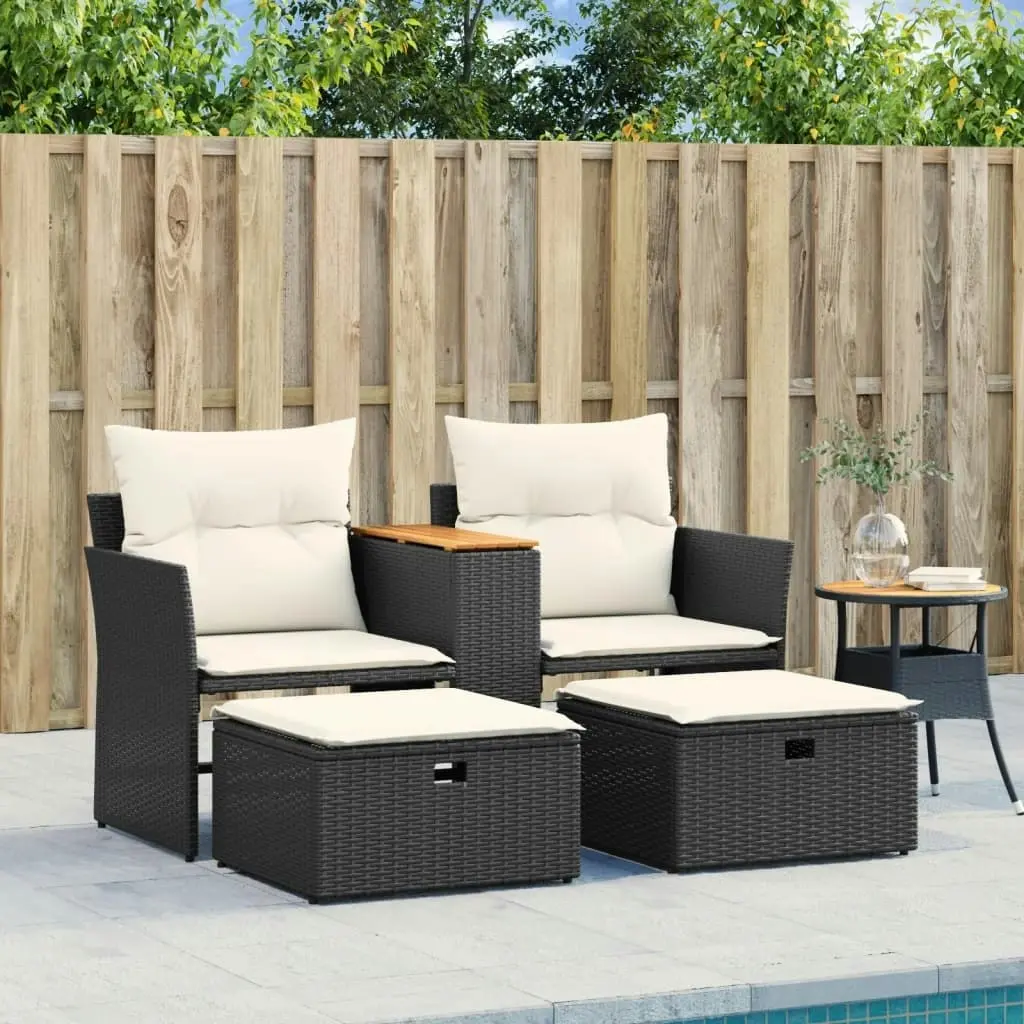 Garden Sofa 2-Seater with Stools Black Poly Rattan 365803