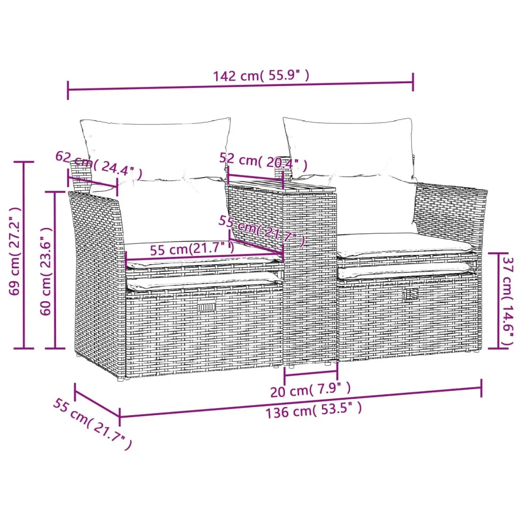 Garden Sofa 2-Seater with Stools Black Poly Rattan 365803