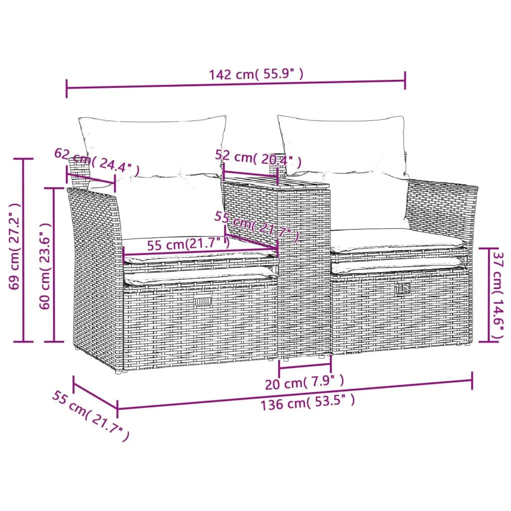 Garden Sofa 2-Seater with Stools Grey Poly Rattan 365804