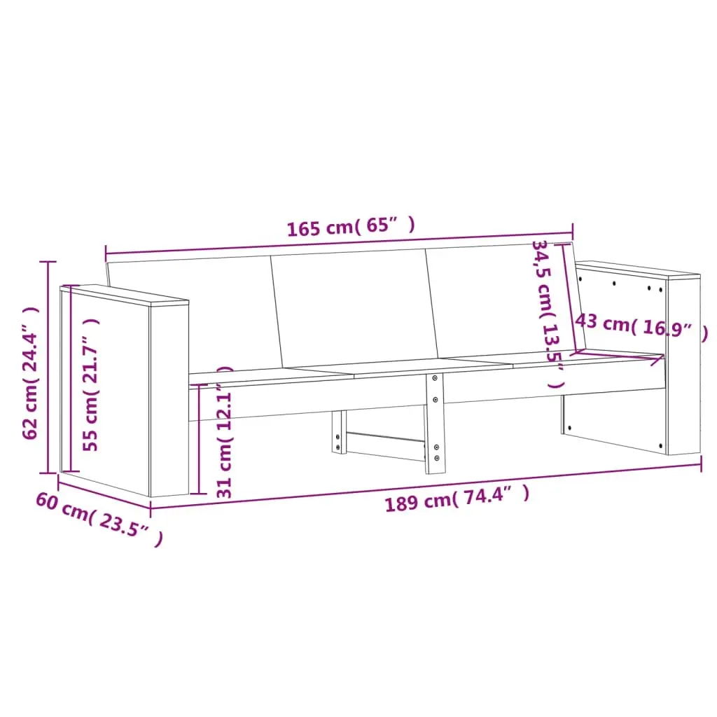 Garden Sofa 3-Seater White 189x60x62 cm Solid Wood Pine 832374