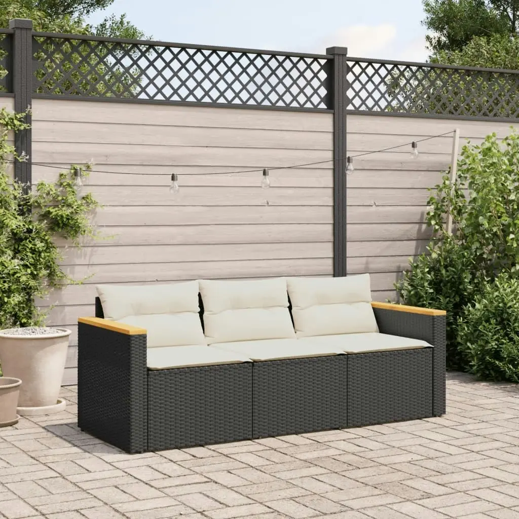 Garden Sofa with Cushions 3-Seater Black Poly Rattan 365829