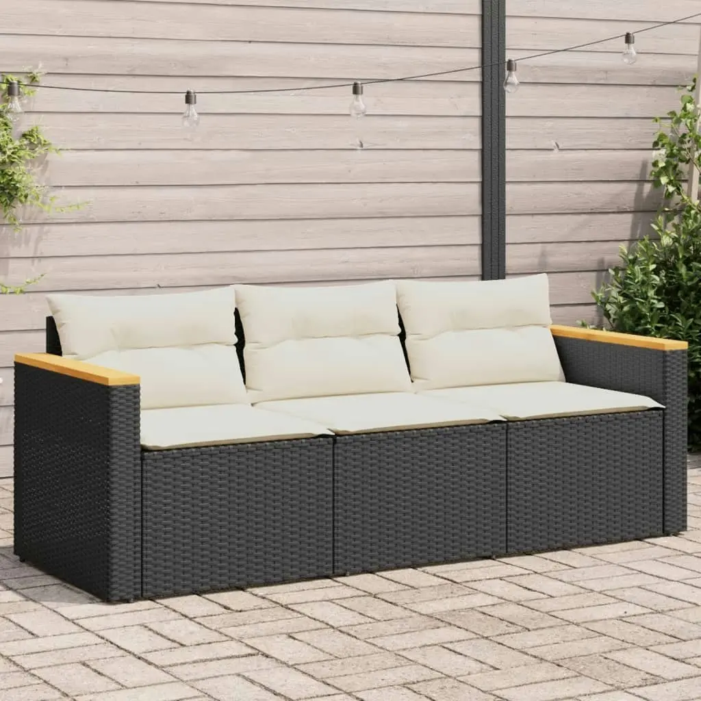 Garden Sofa with Cushions 3-Seater Black Poly Rattan 365829