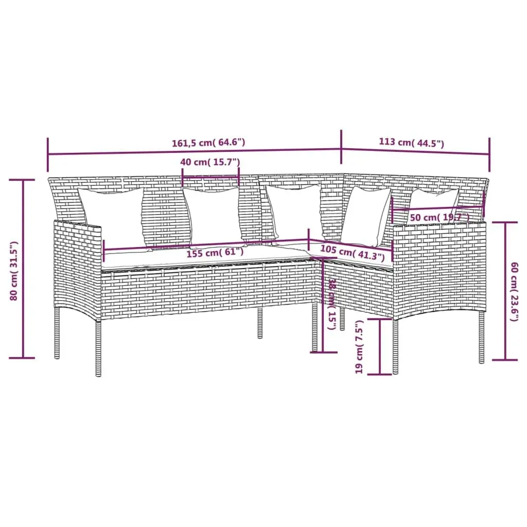 L-shaped Couch Sofa with Cushions Poly Rattan Grey 318585