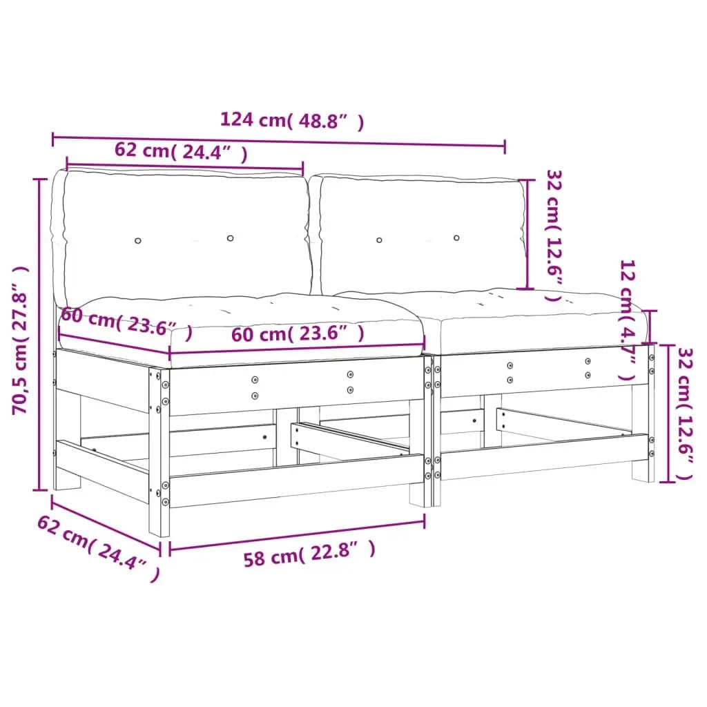 Middle Sofas with Cushions 2 pcs White Solid Wood Pine 825577