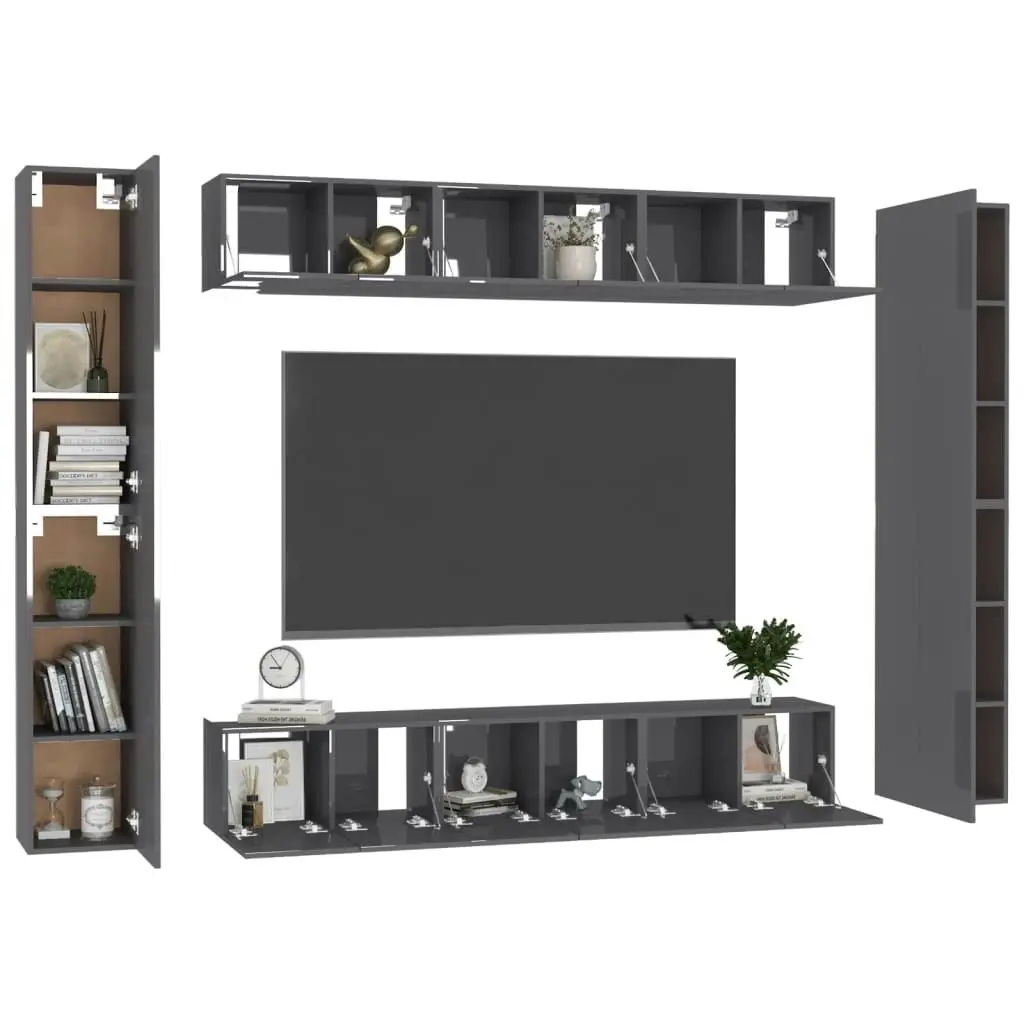 10 Piece TV Cabinet Set High Gloss Grey Engineered Wood 3079505