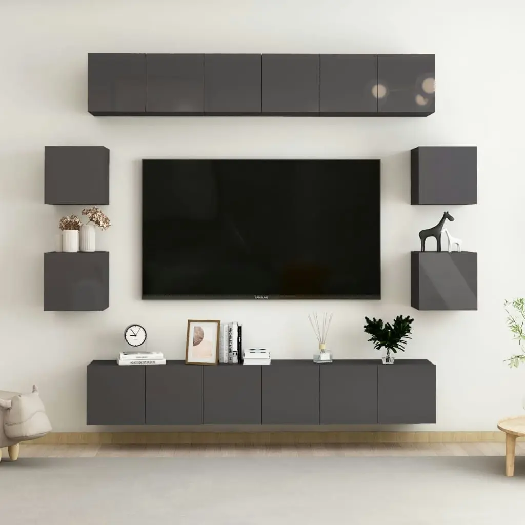 10 Piece TV Cabinet Set High Gloss Grey Engineered Wood 3079487