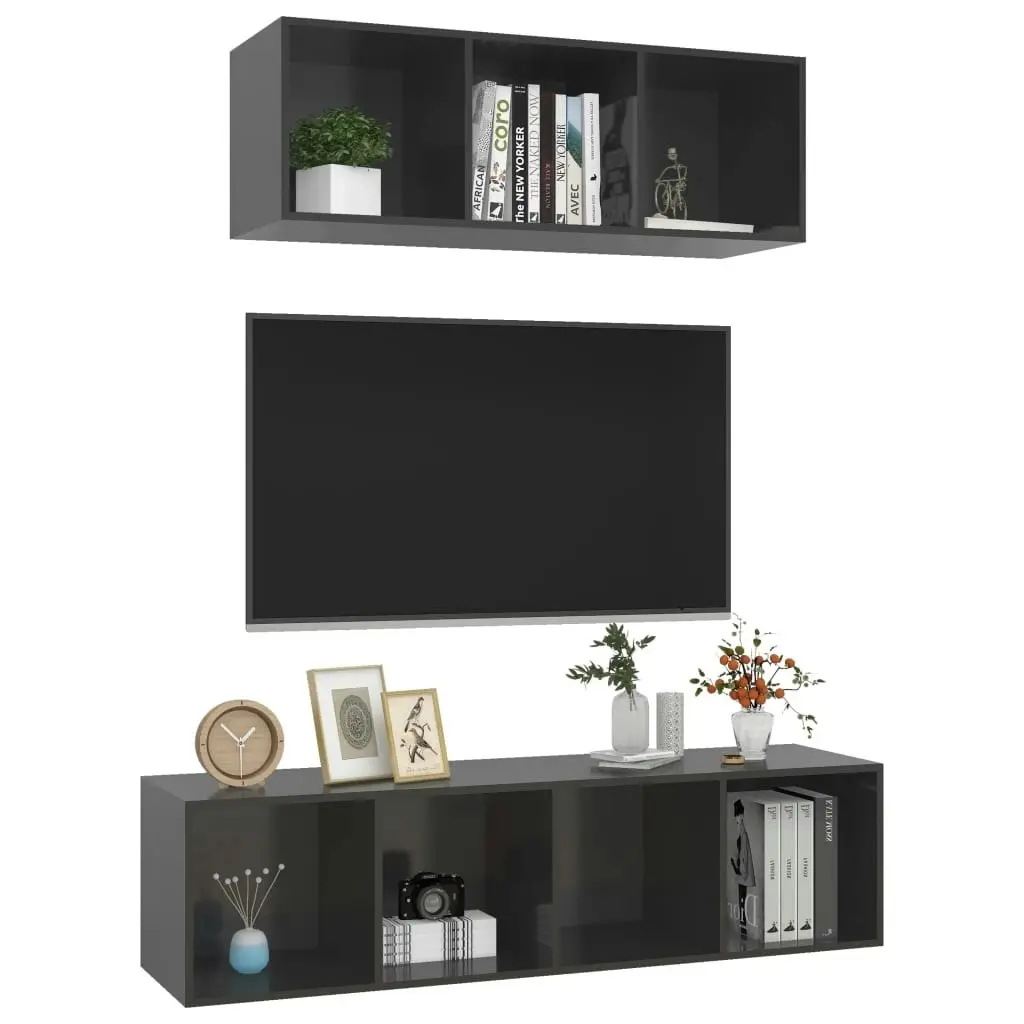 2 Piece TV Cabinet Set High Gloss Grey Engineered Wood 3079798