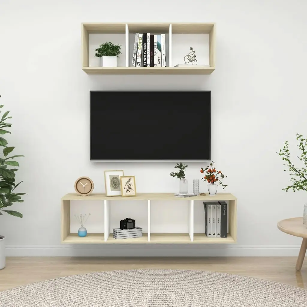 2 Piece TV Cabinet Set White and Sonoma Oak Engineered Wood 3079795