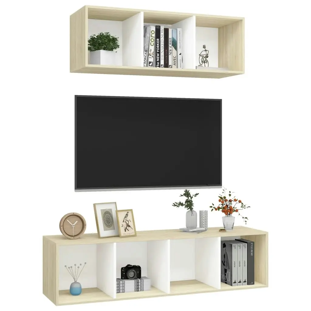 2 Piece TV Cabinet Set White and Sonoma Oak Engineered Wood 3079795