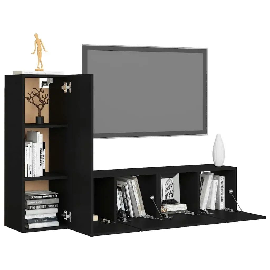 3 Piece TV Cabinet Set Black Engineered Wood 3078778