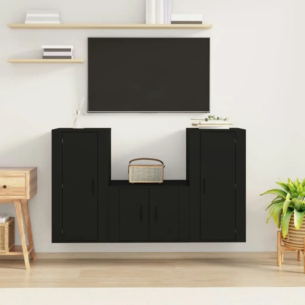 3 Piece TV Cabinet Set Black Engineered Wood 3188519