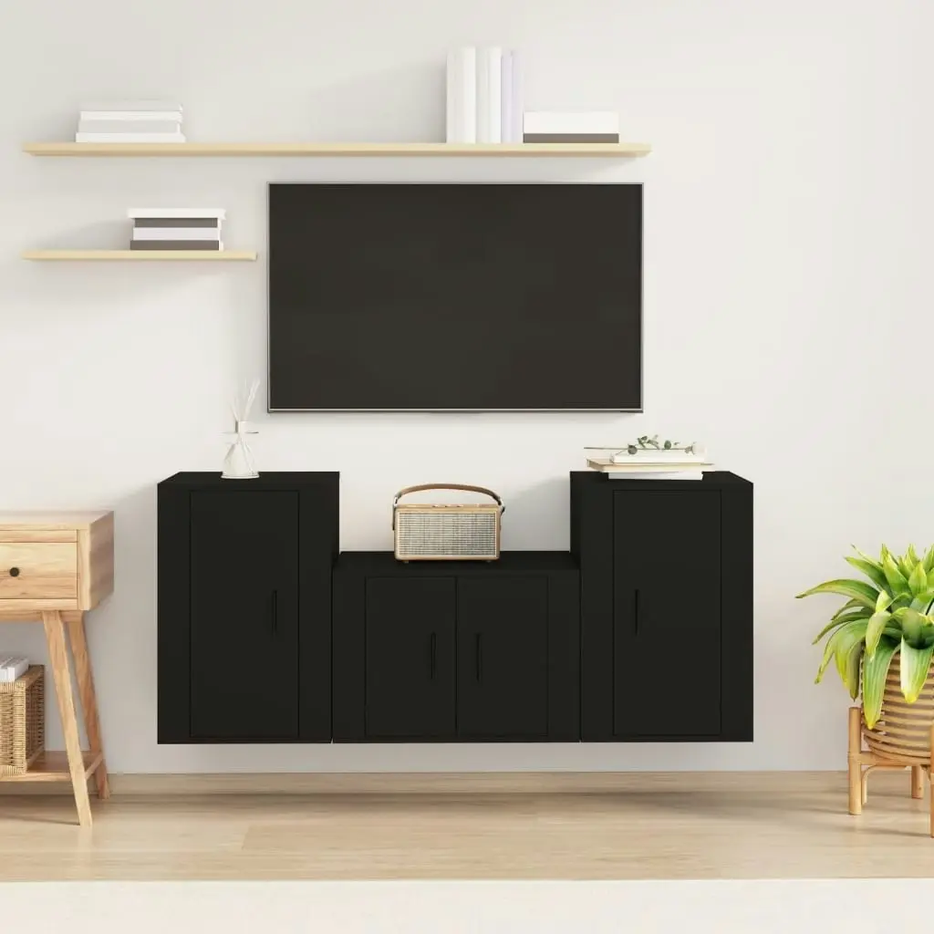 3 Piece TV Cabinet Set Black Engineered Wood 3188495