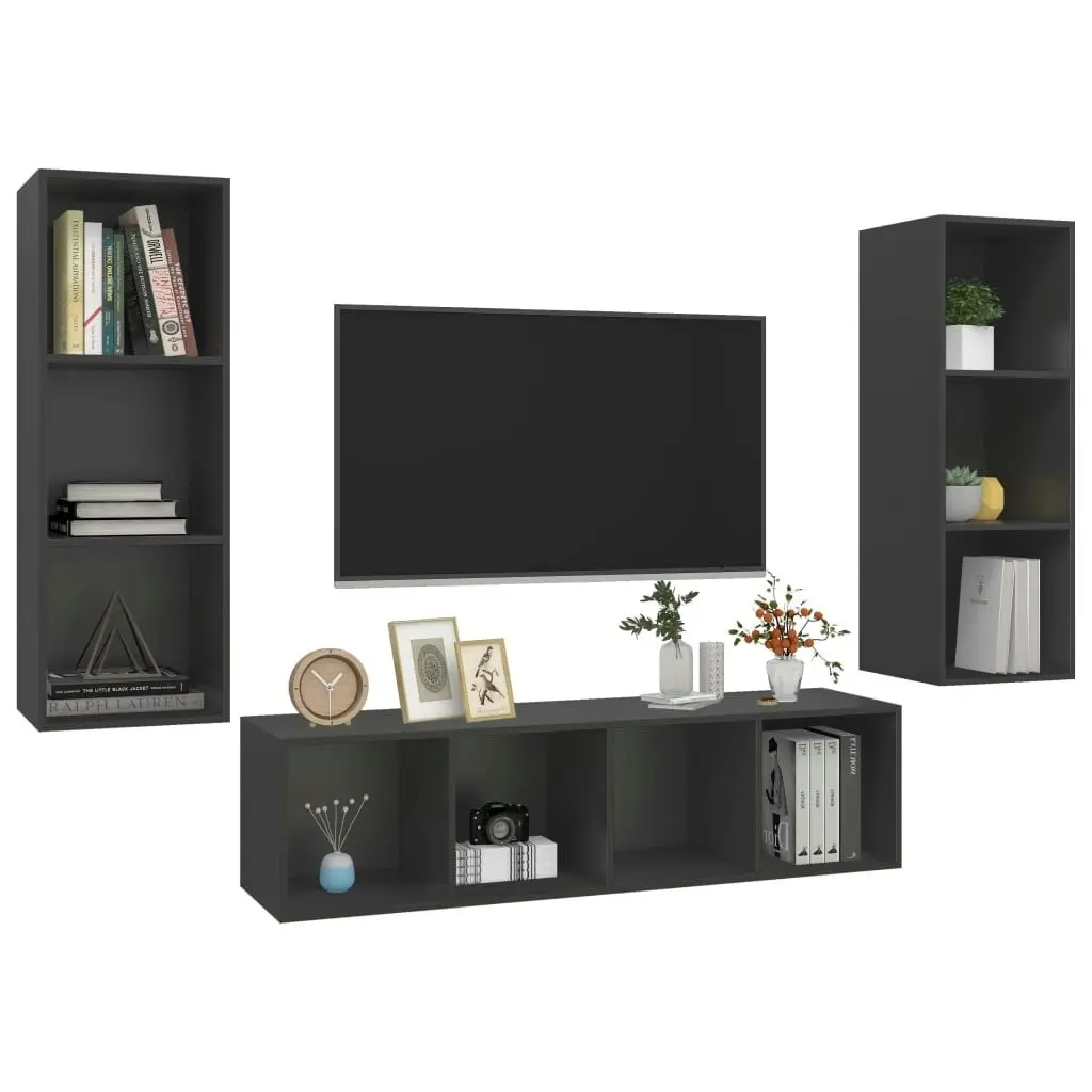 3 Piece TV Cabinet Set Grey Engineered Wood 3079747