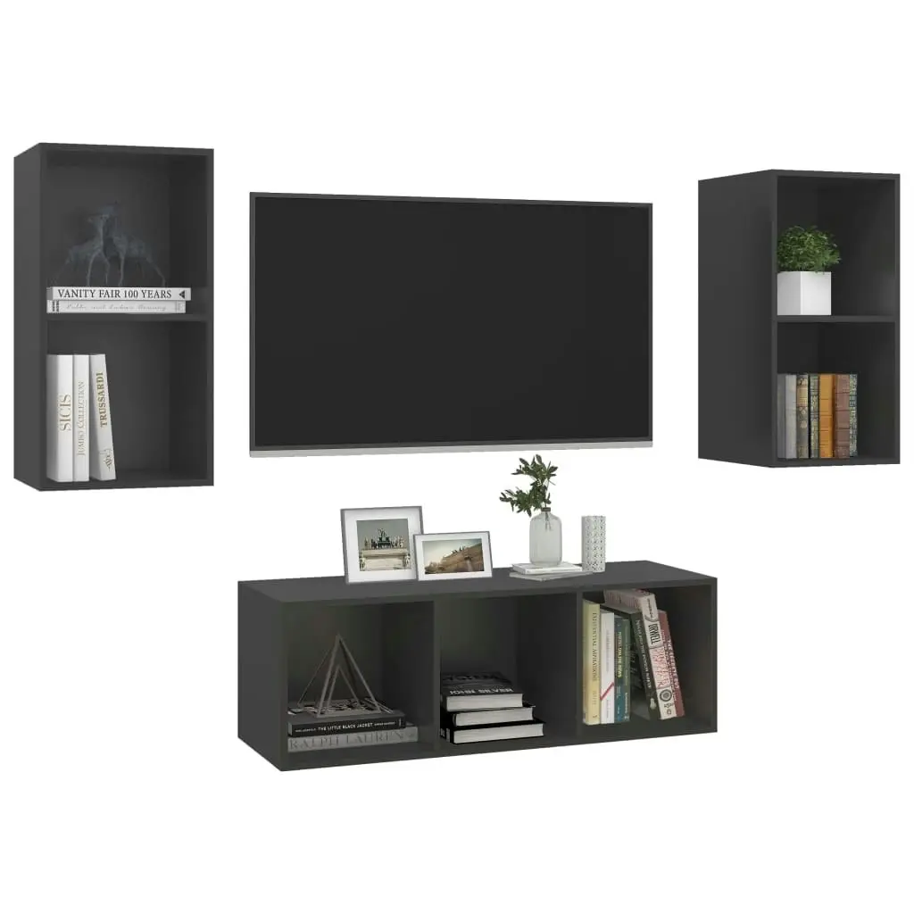 3 Piece TV Cabinet Set Grey Engineered Wood 3079738