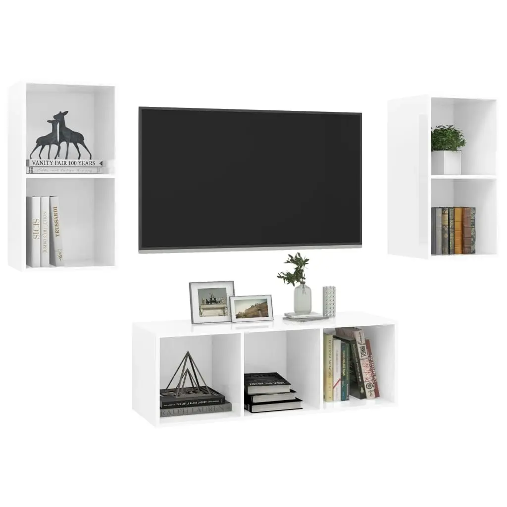 3 Piece TV Cabinet Set High Gloss White Engineered Wood 3079742