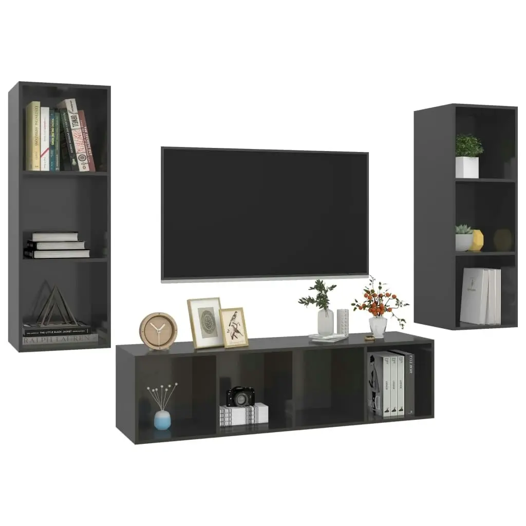 3 Piece TV Cabinet Set High Gloss Grey Engineered Wood 3079753