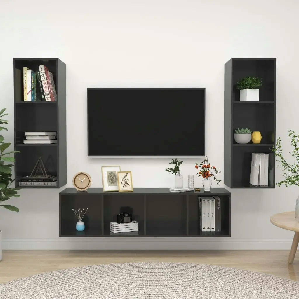 3 Piece TV Cabinet Set High Gloss Grey Engineered Wood 3079753