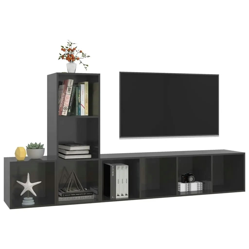 3 Piece TV Cabinet Set High Gloss Grey Engineered Wood 3079834