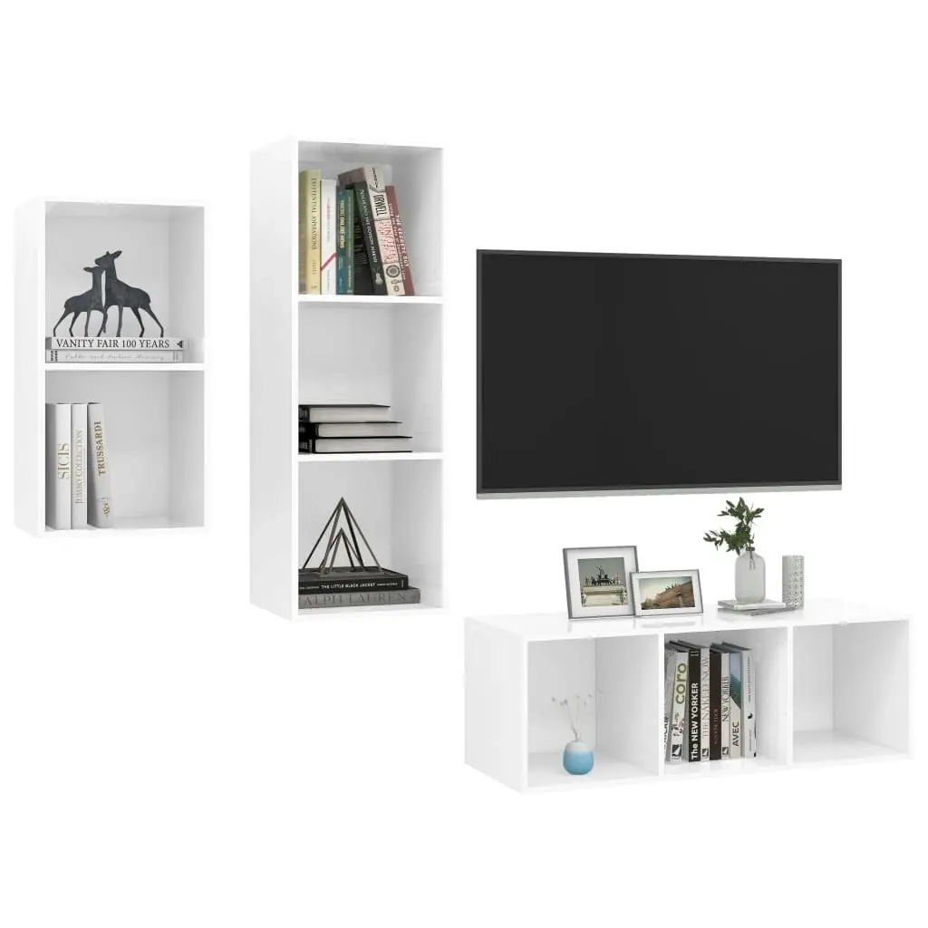 3 Piece TV Cabinet Set High Gloss White Engineered Wood 3079634